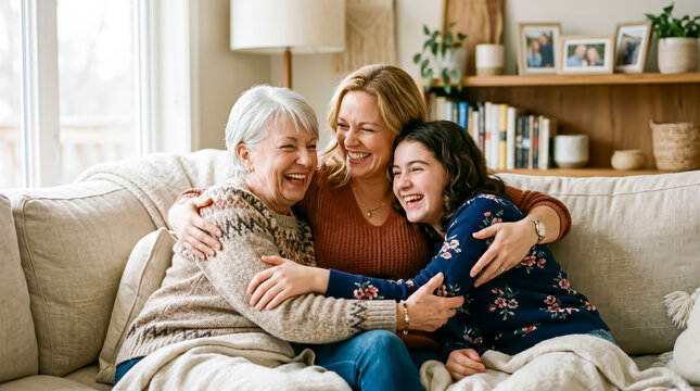 Three Generations of Women Laughing and Hugging on Sofa at Home