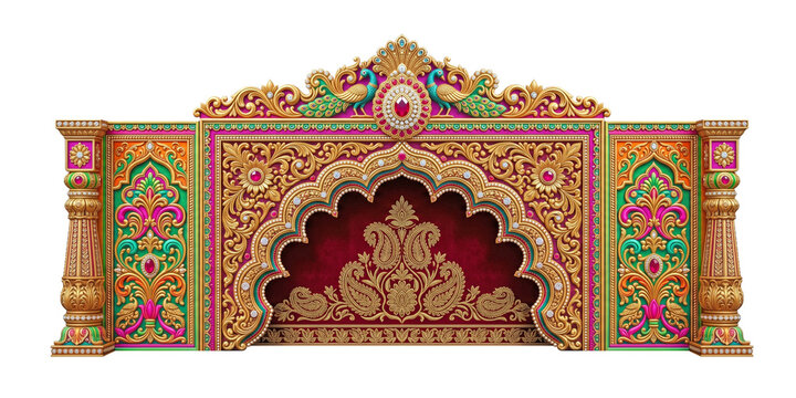 Royal Indian Wedding Mandap Arch PNG with Peacock Motif &ndash; Luxury Golden Mughal Floral Stage Frame with Gemstone Embellishments Transparent Background
