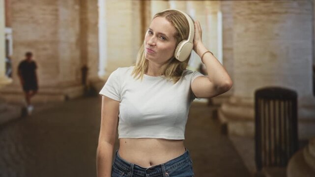 Woman adjusts overear headphones with hand, bare navel and crop top visible, standing in a stone building corridor with columns and trash bin; thoughtful listening.
