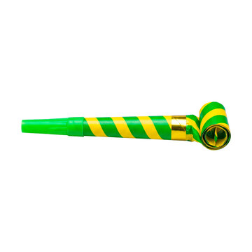 Green and yellow striped party horn noisemaker isolated on white background on transparent background