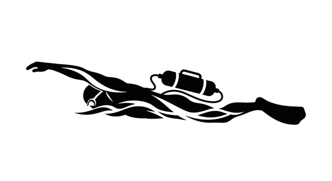 Black silhouette illustration of a scuba diver swimming underwater.