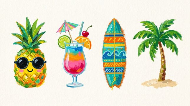 Summer Tropical Hand Painted Acrylic Patch Set, Cute Pineapple with Sunglasses, Colorful Cocktail Drink, Patterned Surfboard and Palm Tree Textile Stickers, Textless Microstock Vector Clipart Set