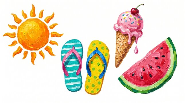 Summer Beach Hand Painted Acrylic Patch Set, Bright Sun, Colorful Flip Flops Sandal, Melting Strawberry Ice Cream Cone and Fresh Watermelon Slice Textile Stickers, Textless Microstock Vector Clipart