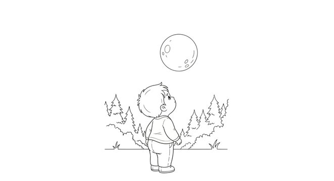 Curious child gazing at full moon outdoors at night.