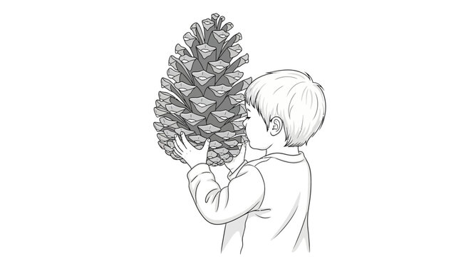Curious young child examining large pinecone closely.