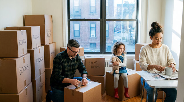 Brooklyn apartment moving boxes family relocation city home new beginning new beginning angle highlights emotional adjustment family resilience and lifestyle change small city apartment filled