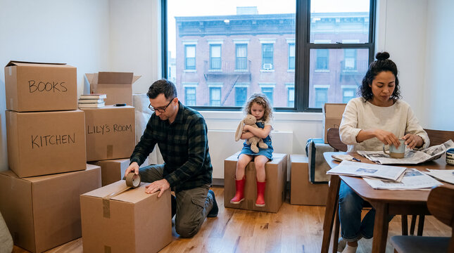 Brooklyn apartment moving boxes family relocation city home quiet transition quiet moment emphasizes uncertainty hope and the personal side of changing homes small city apartment filled with labeled