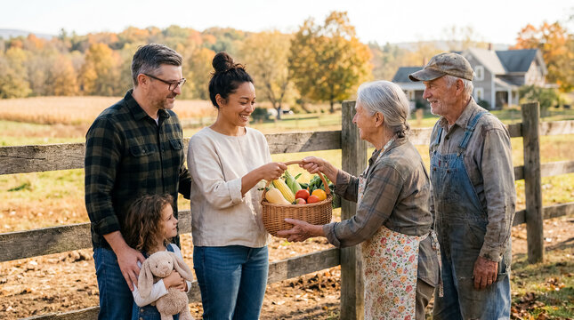 family meeting elderly neighbors rural community fence new beginning family new beginning angle highlights emotional adjustment family resilience and lifestyle change newcomer family receiving garden