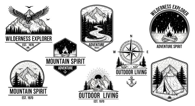Vintage Wilderness Explorer Adventure Badges and Outdoor Graphics