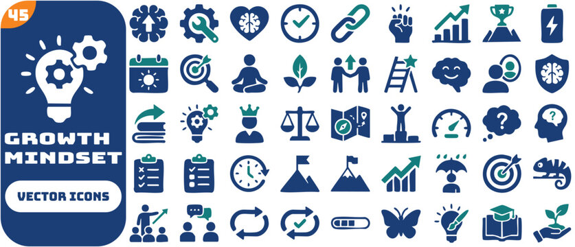 Personal growth and self improvement solid icon set. Featuring growth mindset, skill development, emotional intelligence, time management, and habit tracker. Vector icons for training and coaching app
