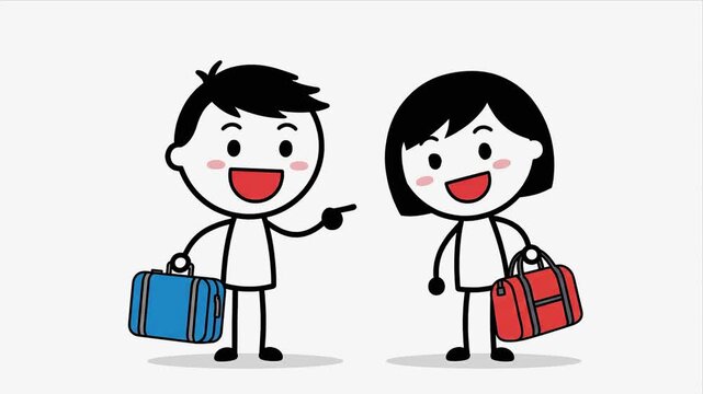 Two animated characters, a male and a female, hold colorful luggage while interacting joyfully indoors, showcasing a friendly exchange with smiles and gestures in a simple, bright setting