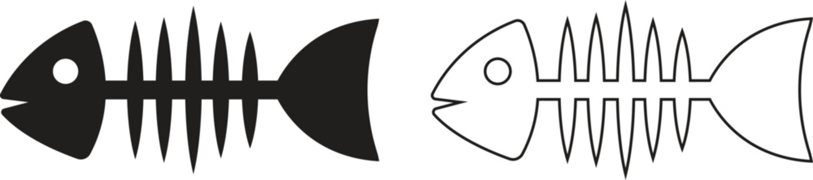Black fish skeleton silhouette icon set in flat, outline style. Fishbone vectors illustration for seafood restaurant menus, marine biology and ocean pollution logos isolated on transparent background.