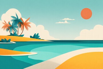 Fototapeta premium Vibrant tropical island scene with palm trees and ocean
