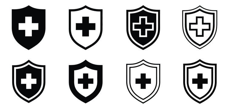 Medical shield with cross icon set for health protection and immunity. vector illustration set.