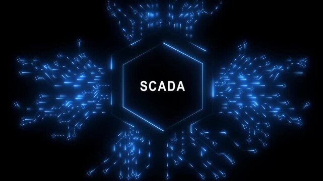Glowing Scada emblem surrounded by digital networks and swirling black background 4k video...