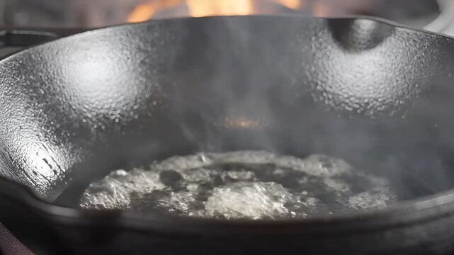 Cooking Oil Being Poured into a Hot Cast Iron Skillet.