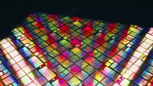 Semiconductor Silicon Wafer Macro Integrated Circuits CPU GPU Microchip Hardware Fabrication in 4K Ultra HD footage.
