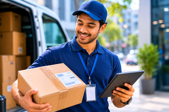 Happy Delivery Courier Holding Package and Tablet