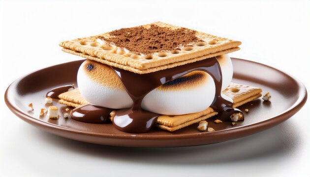 a gourmet s mores dessert with toasted marshmallows melted chocolate and graham crackers artfully assembled isolated on white background