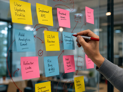Close Up of Business Brainstorming with Colorful Sticky Notes on Glass Wall