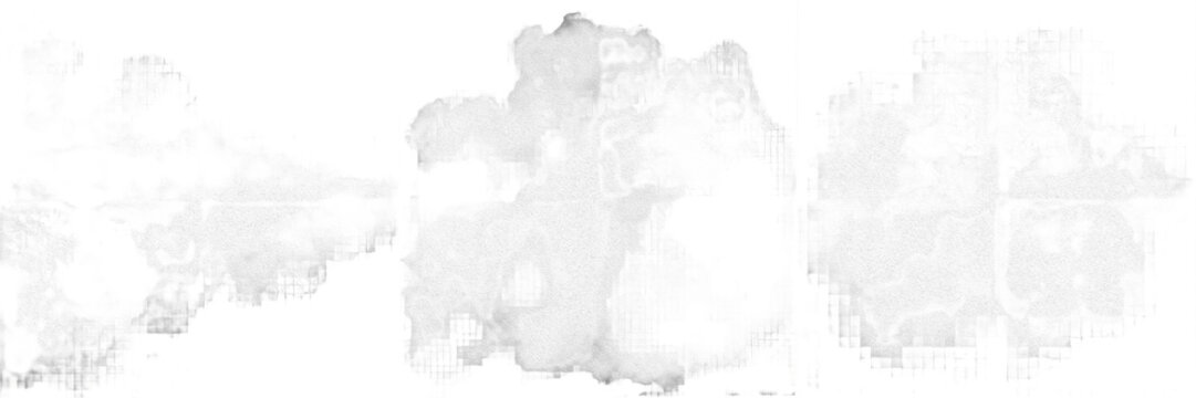 Set of three abstract watercolor ink wash stains, soft gray brush blotches isolated on transparent background, artistic ink splatter elements for creative overlays, minimalist design texture and organ