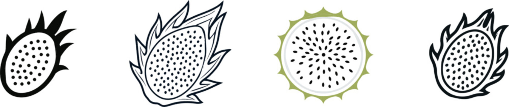 A minimalist botanical silhouette of a dragonfruit cross-section slice features a speckled seed matrix against a solid black background with clean sharp edges for automatic vector tracing