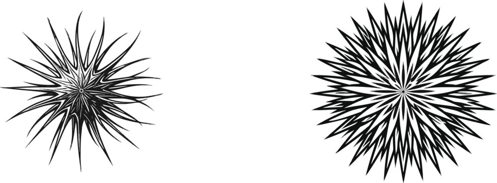 A crisp black ink illustration of a Burdock seed burr with sharp edges and no shadows, set against a pure white background in vector graphic icon style