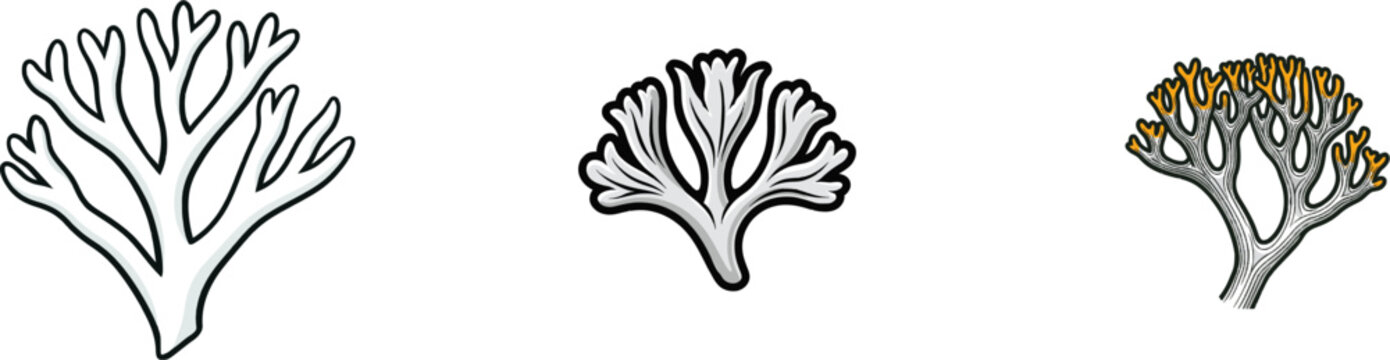 A minimalist coral fungus drawing showcases intricate branches with clean black lines against a stark white background, ideal for vector tracing