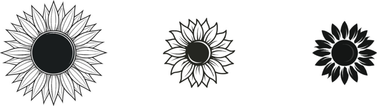 A bold black graphic silhouette of a sunflower head against a pure white background, featuring clean sharp contours and no shading or gradients, optimized for image trace