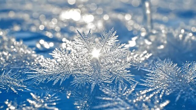 Frozen water crystals form intricate patterns on a icy surface outdoors in winter