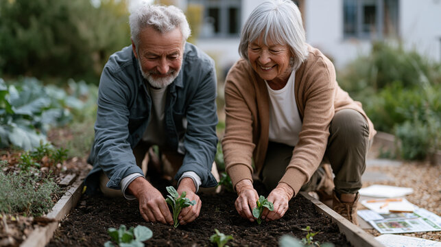 Retired couple kneeling side by side at a raised vegetable bed in their first garden planting after downsizing to a small cottage, seed catalogues and handwritten notes scattered on the path beside 