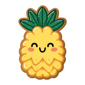 Cute cartoon pineapple with green leaves smiling face flat vector.