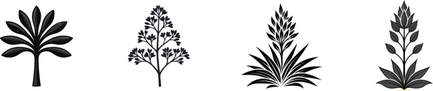 A minimalist modern botanical silhouette of an Agave centennial bloom features a solid black flower spike against a clean white background, perfect for automatic vector tracing