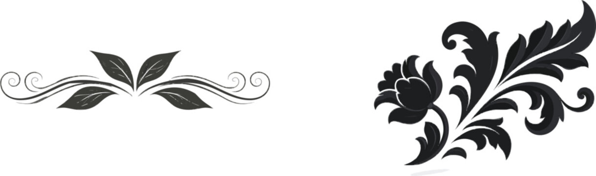 A bold graphic silhouette of an ornate rococo plant flourish divider with whimsical poppy scrollwork in solid black ink against a pure white background