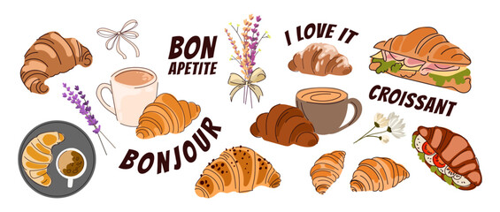 French bakery collection featuring croissants, coffee cups, sandwiches, breakfast elements, flowers and hand drawn lettering in playful style for cafe branding,menus, packaging and food designs.Vector © Ilonka eva