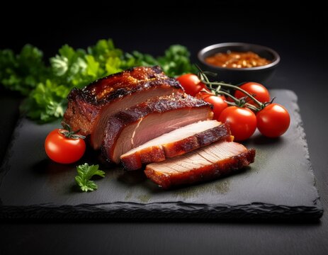 sliced traditional jamaican jerk pork presented on a slate board with fresh herbs and cherry tomatoes