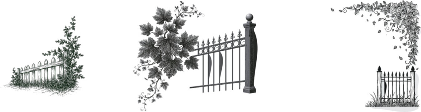 A minimalist black ink hand-drawn doodle book ornament corner features a rustic garden fence with vine scrolling foliage, rendered in crisp pure white background for high contrast and clean vector