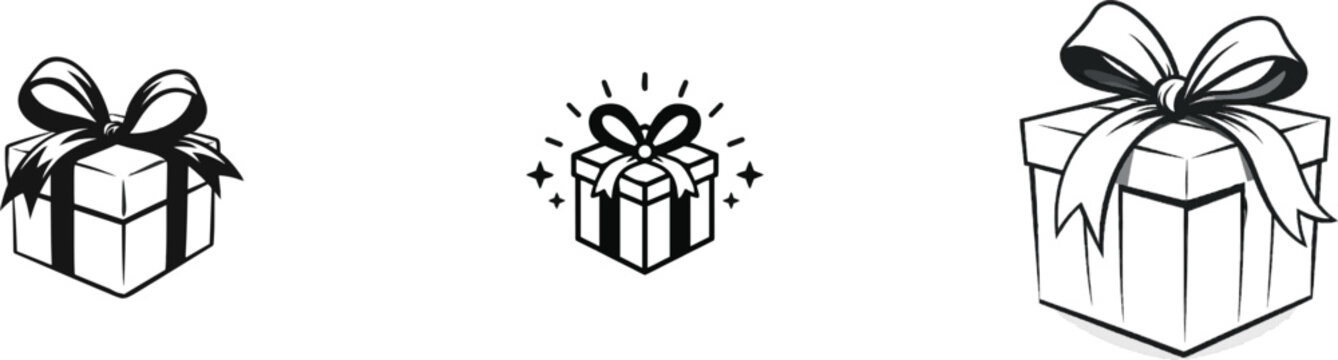 A minimalist black ink gift box with a giant satin ribbon bow on a crisp white background, perfect for automatic image trace