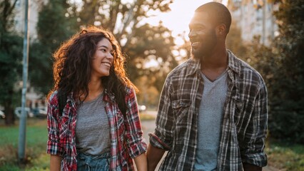 Obraz premium Happy young couple walking in park during sunset