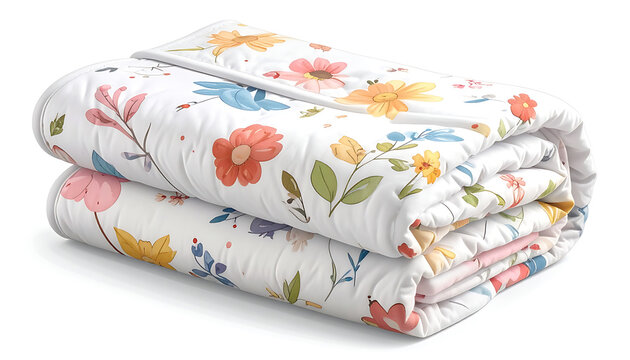 Rolled floral pattern quilt with colorful blooms on white fabric, bedding textile for cozy home decor