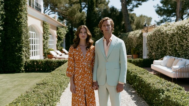 Un hombre y una mujer posando para una promoci&oacute;n de ropa de verano en un jard&iacute;&shy;n