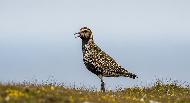 Golden plover bird calling in a meadow with yellow flowers