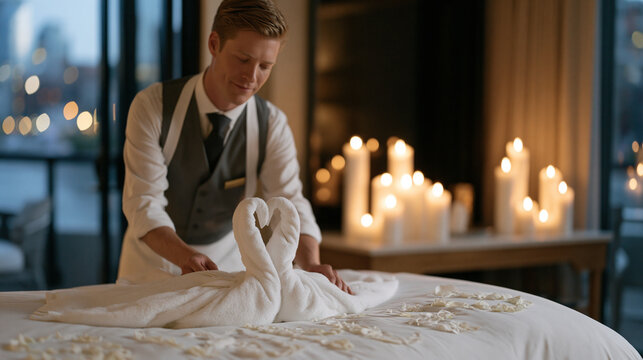 Hotel butler arranging honeymoon turndown with swan-folded towels, candles of varying heights on console table, balcony door open to evening skyline, petals spelling initials on duvet, thoughtful lu