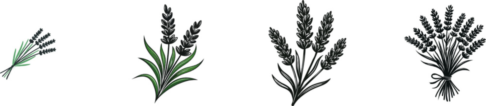 A bold graphic silhouette of a French Lavender bouquet in solid black ink against a pure white background, featuring clean sharp contours with no shading or gradients, optimized for image trace