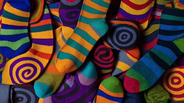 A vibrant and colorful collection of patterned socks create a cheerful background