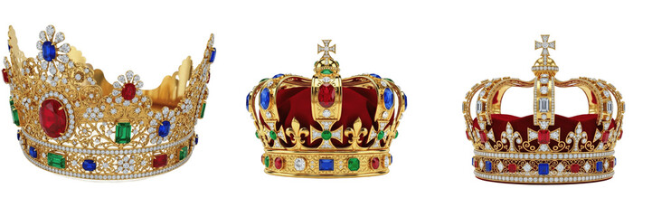 Set of three majestic golden crowns with precious gems, royal monarchy icons isolated on transparent background, luxury vintage tiaras with ruby, emerald and sapphire stones for fantasy, historical or © Suarezo