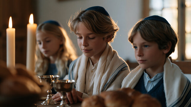 Father pours kosher wine into polished silver Kiddush cups as his children sit expectantly at the Shabbat table, their faces softly lit by two tall candles, the hush before the blessing capturing qu