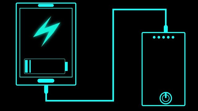 Modern mobile device connects to high tech power bank packs. Portable power bank visualizes auxiliary electrical cell replenishment. Consumer electronics charging with a power bank.