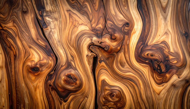 Richly textured natural wood grain surface with swirling patterns and cracks, warm brown tones, rustic background for design