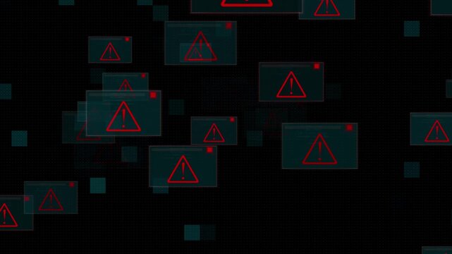Critical alert window prompts notify operators of database errors. Multiple alert window layers visualize serious cyber security bugs. Emergency software troubleshooting with an alert window.